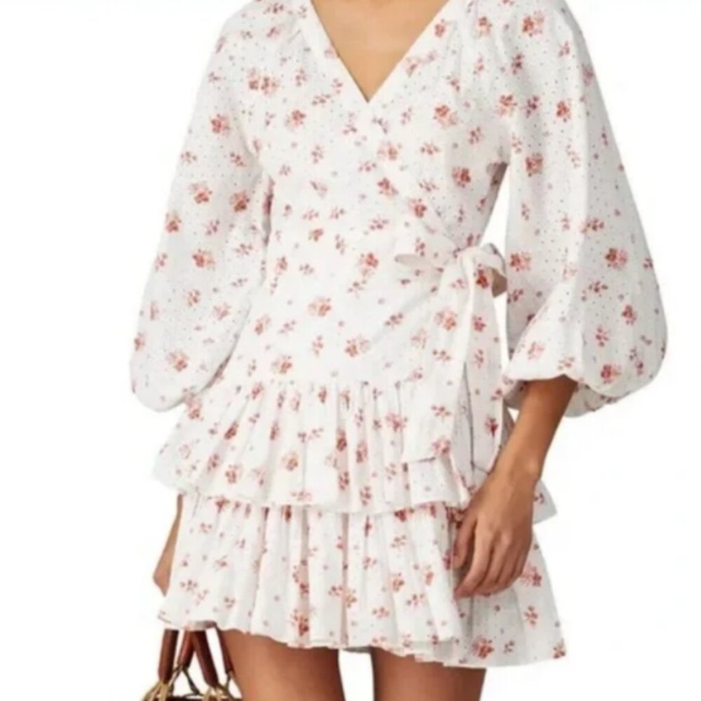 Maia Bergman Floral Ines Pink Eyelet Lace Wrap Dress Sz Large Eylett Cottagecore